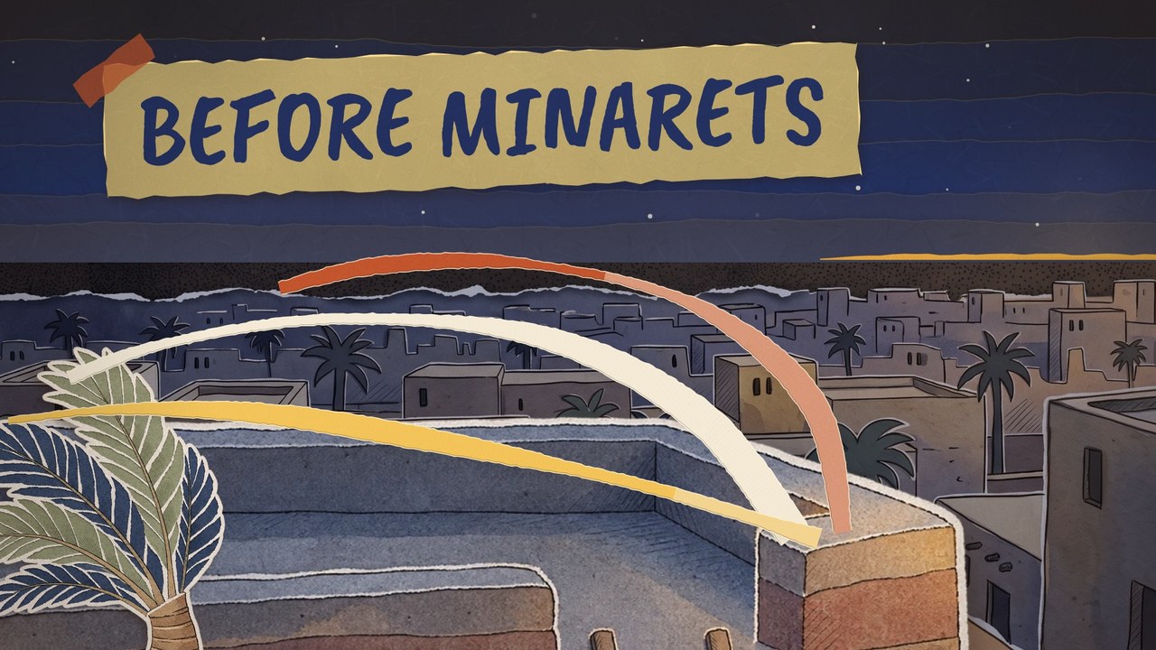 Thumbnail A: an empty Medina rooftop at pre-dawn with paper sound ribbons, label BEFORE MINARETS